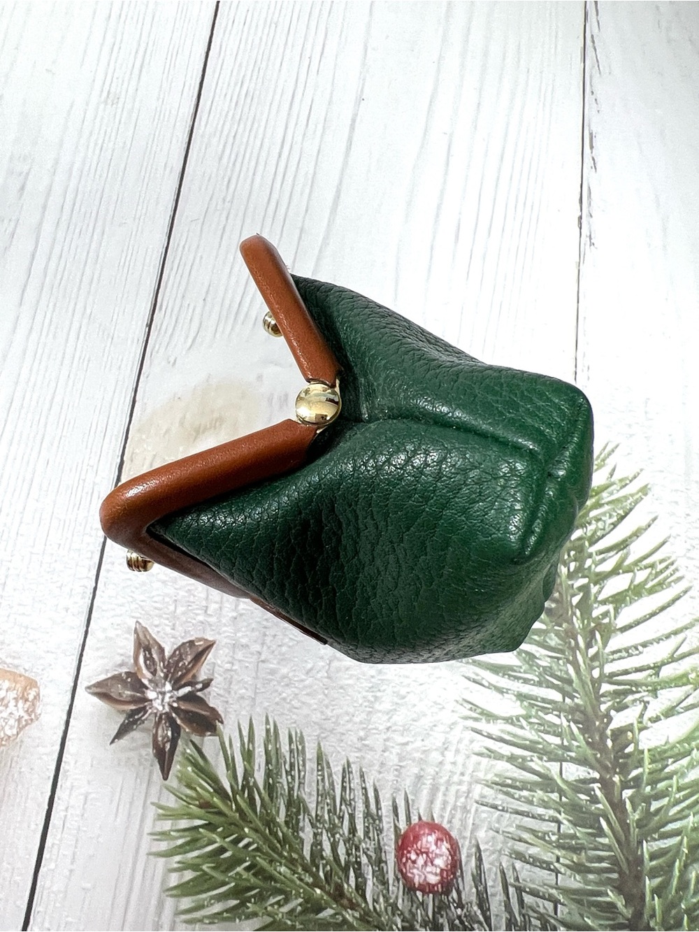 🦆 DOONEY & BOURKE AWL PEBBLED KISSLOCK COIN POUCH IN FOREST GREEN WITH TAN TRIM - Picture 8 of 9